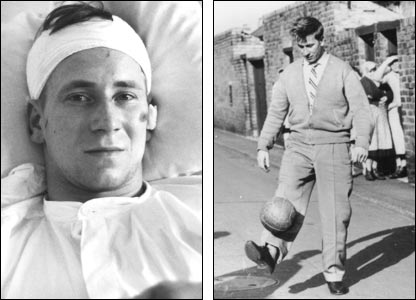 遭遇慕尼黑空难后，查尔顿躺在医院病床上，以及痊愈后在街头和孩子们踢球
