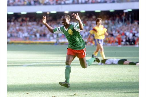 四分之一决赛，喀麦隆2：1哥伦比亚，喀麦隆的米拉（Roger Milla）打入第二球后激动庆祝